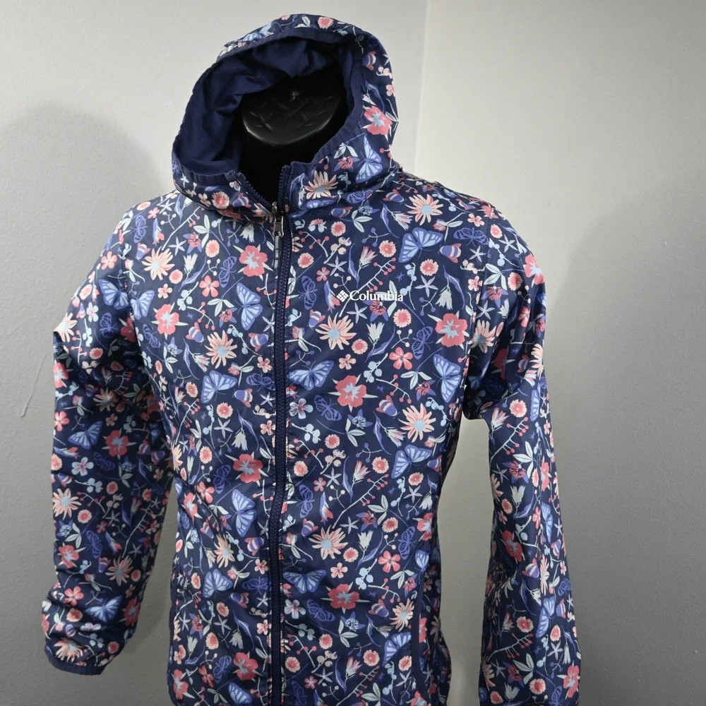 Columbia Reversible Jacket Girls XL (18/20) Navy Blue Floral Butterfly Hooded - Picture 3 of 14
